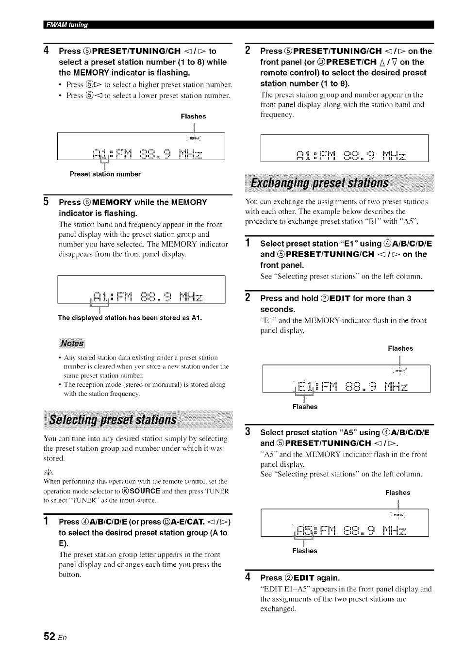 Notes, Selecting preset stations, Exchanging preset stations | F-p1 mhz | Yamaha HTR-6080 User Manual | Page 56 / 125