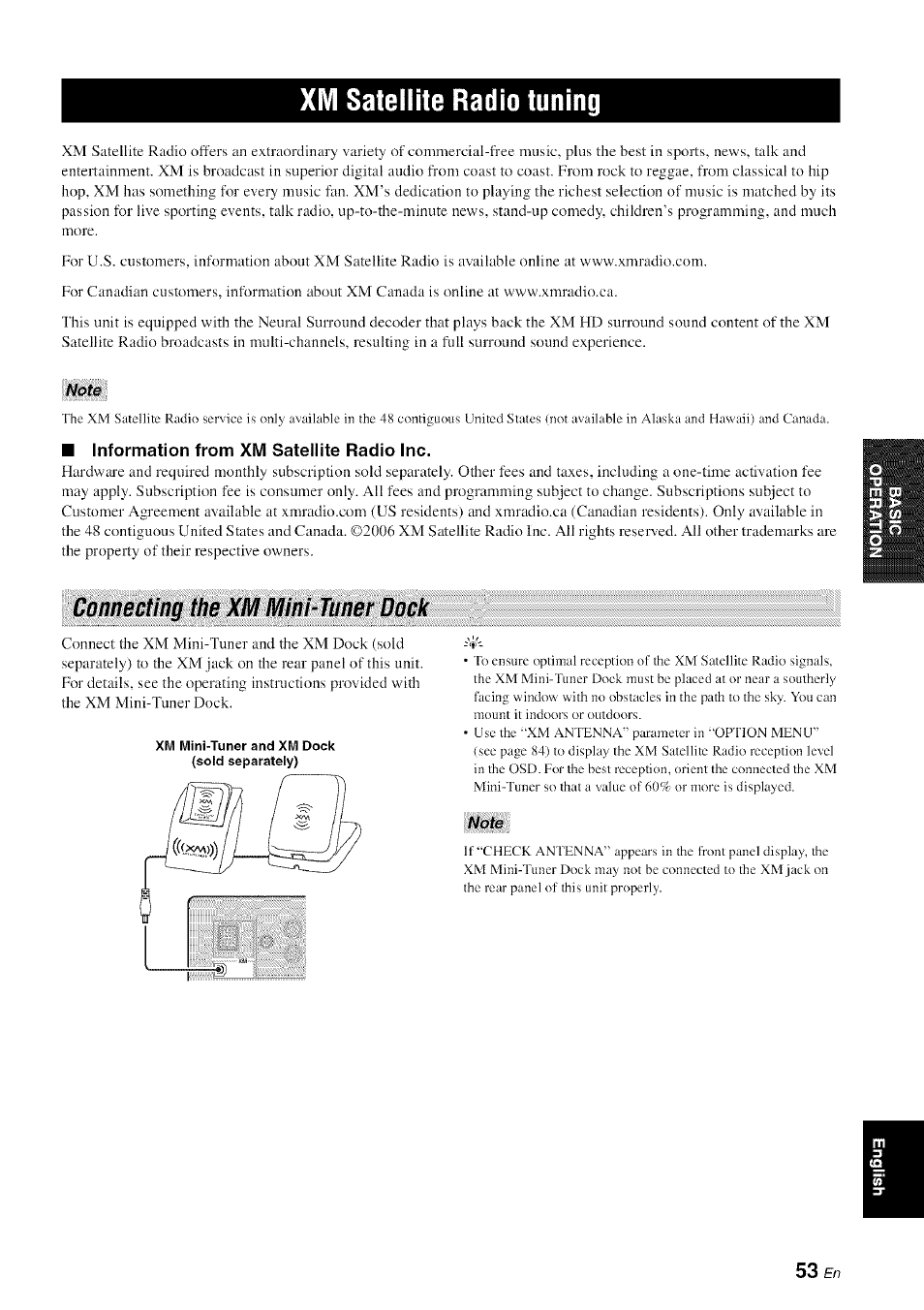 Xm satellite radio tuning, Note, Information from xm satellite radio inc | Connecting the xm mini-tuner dock | Yamaha HTR-6080 User Manual | Page 57 / 125