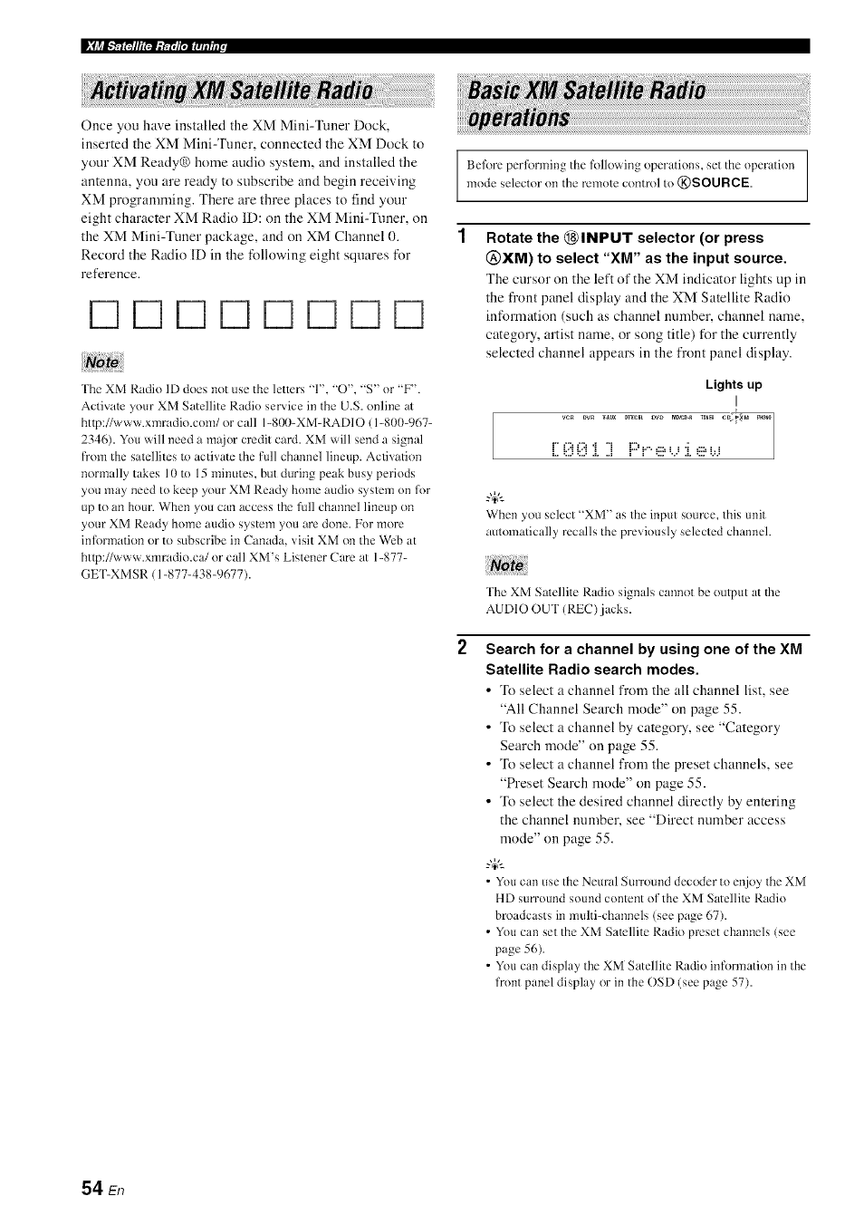 Activating xm satellite radio, Note, Basic xm satellite radio operations | Yamaha HTR-6080 User Manual | Page 58 / 125