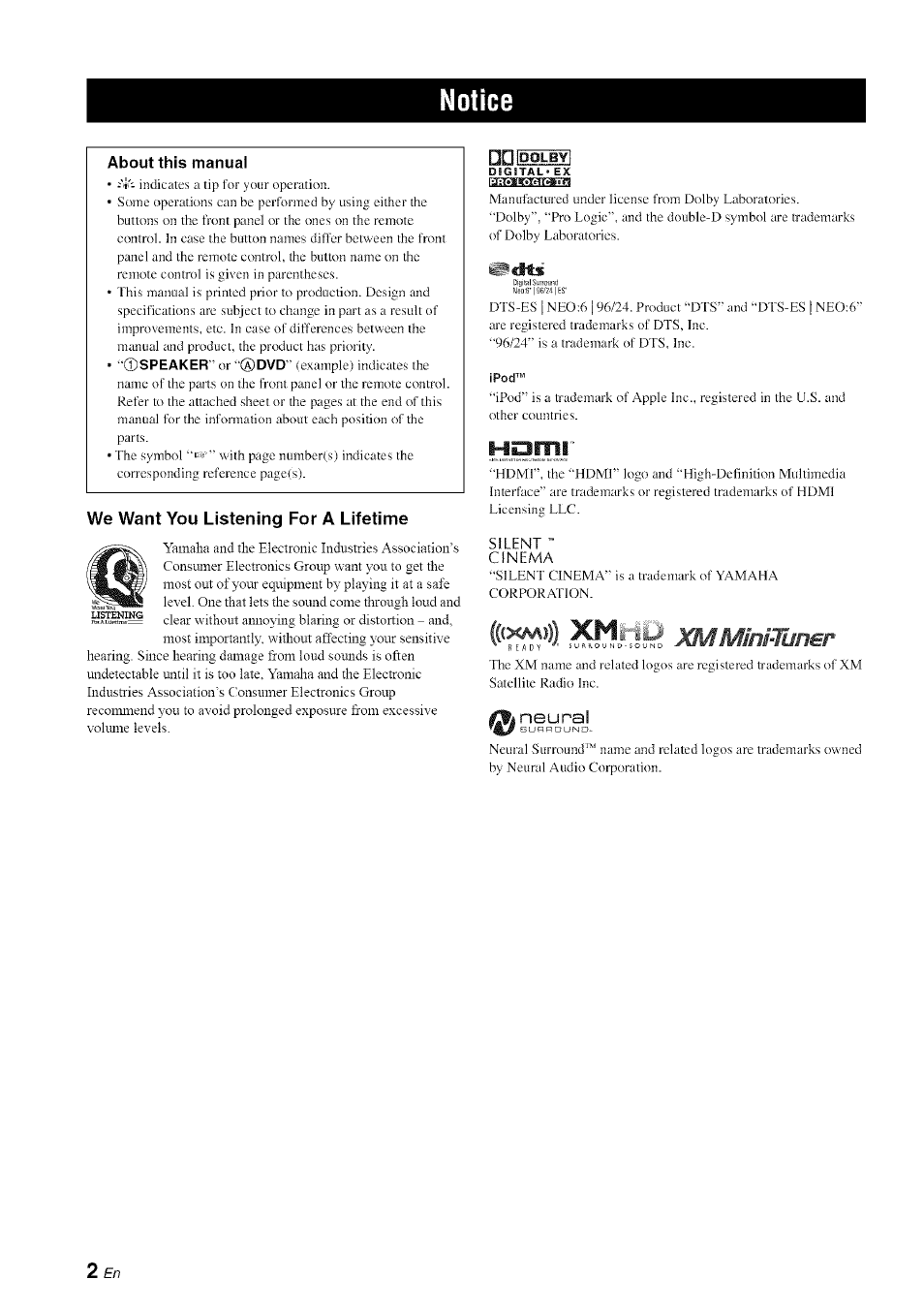 Notice, Xmmini-tuner | Yamaha HTR-6080 User Manual | Page 6 / 125