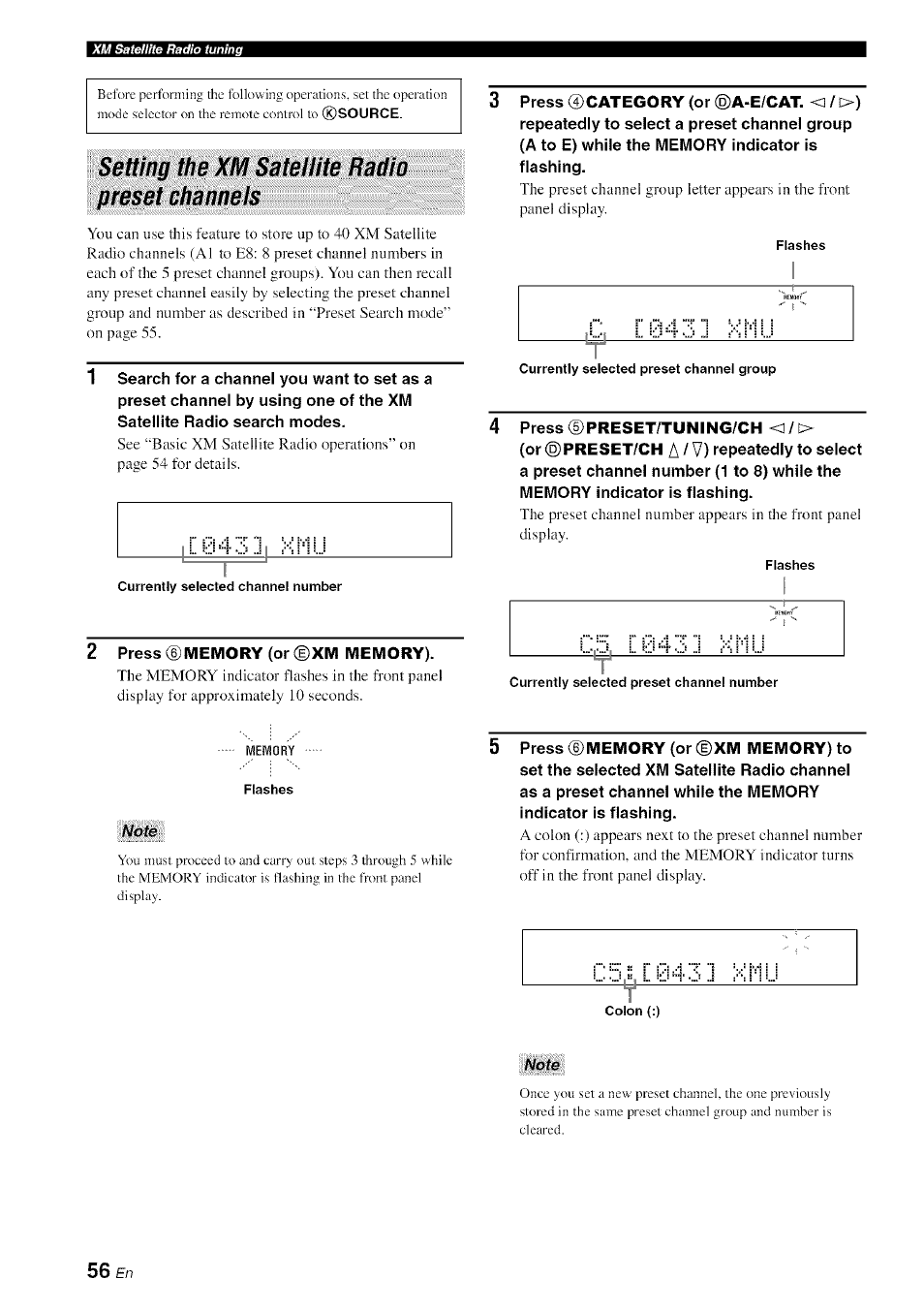 Setting the xm satellite radio preset channels, Note | Yamaha HTR-6080 User Manual | Page 60 / 125