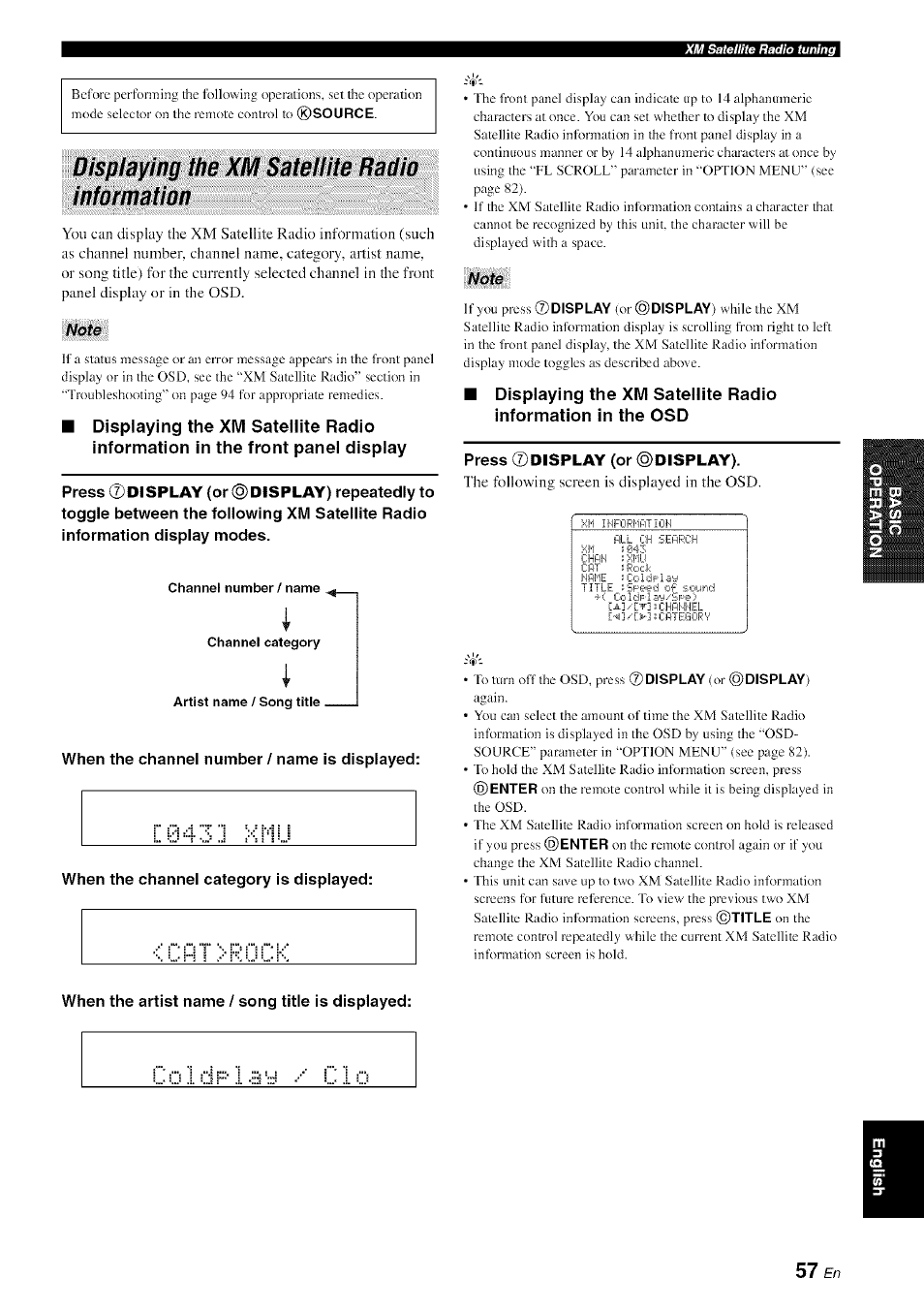 Displaying the xm satellite radio information, Note, When the channel number / name is displayed | When the channel category is displayed, Press ©display (or ©display), When the artist name / song title is displayed | Yamaha HTR-6080 User Manual | Page 61 / 125