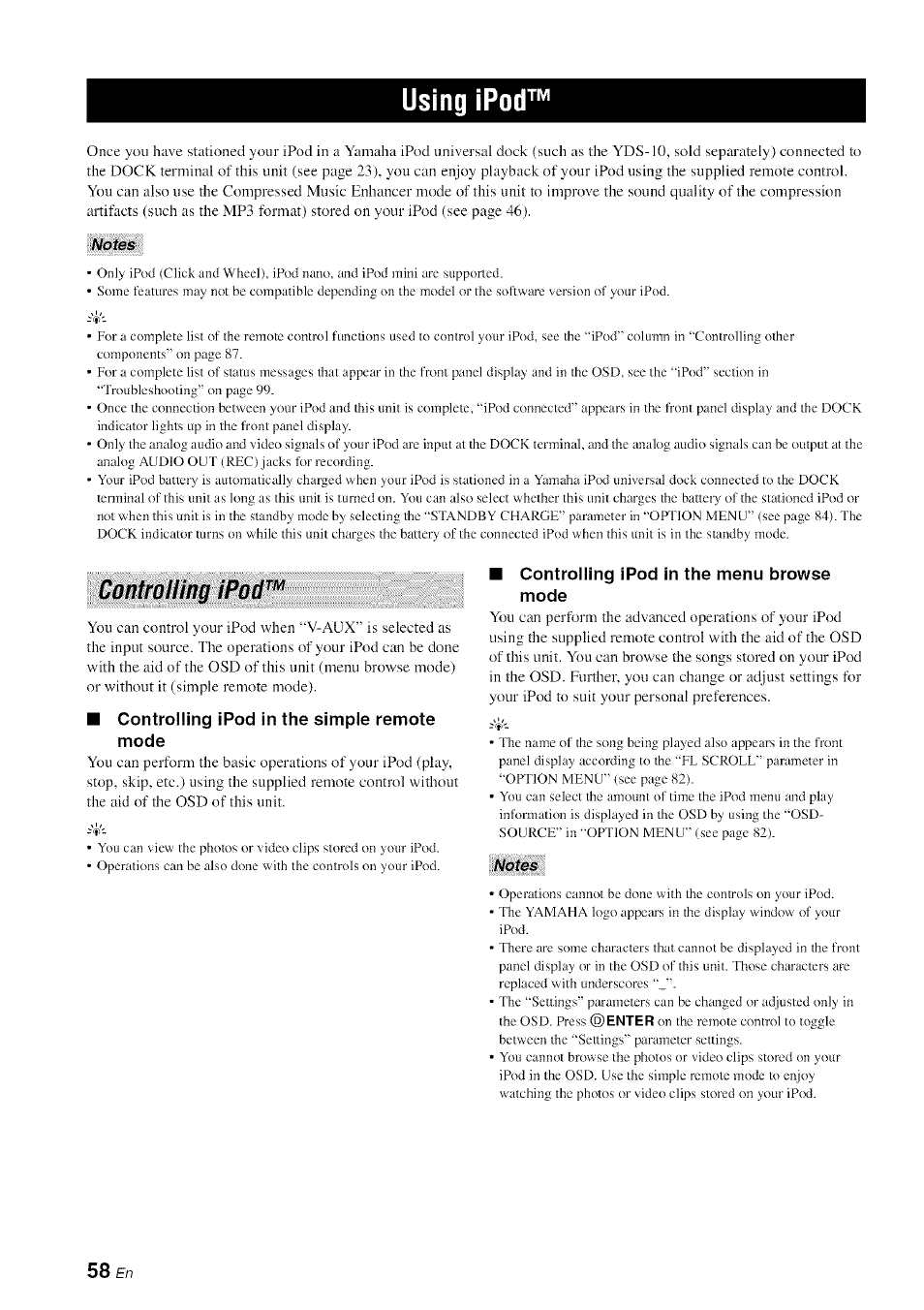 Using ipod, Notes, Controlling ipod in the menu browse mode | Controlling ipod | Yamaha HTR-6080 User Manual | Page 62 / 125