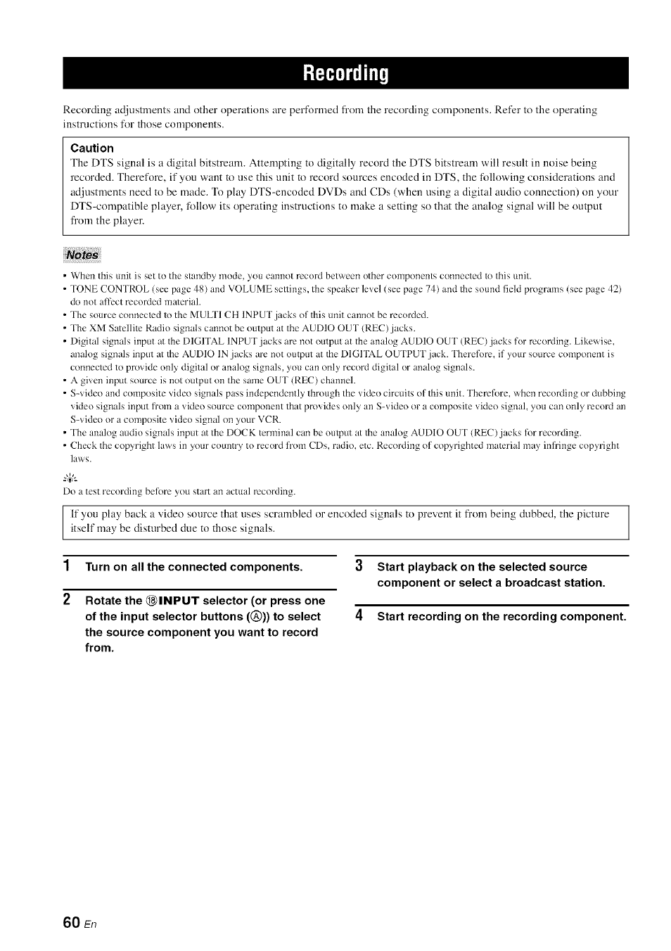 Recording, Notes | Yamaha HTR-6080 User Manual | Page 64 / 125