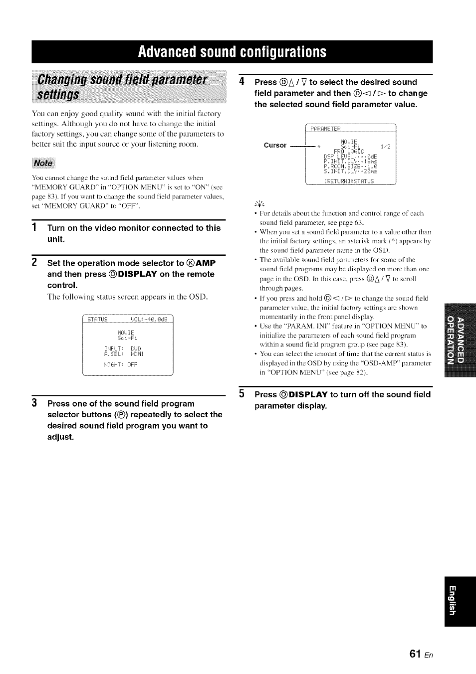 Advanced sound configurations, Changing sound field parameter settings, Note | Yamaha HTR-6080 User Manual | Page 65 / 125