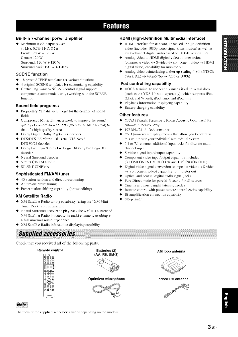 Features, Built-in 7-channel power amplifier, Scene function | Sound field programs, Sophisticated fm/awi tuner, Xm satellite radio, Hdmi (high-definition multimedia interface), Ipod controlling capability, Other features, Supplied accessories | Yamaha HTR-6080 User Manual | Page 7 / 125