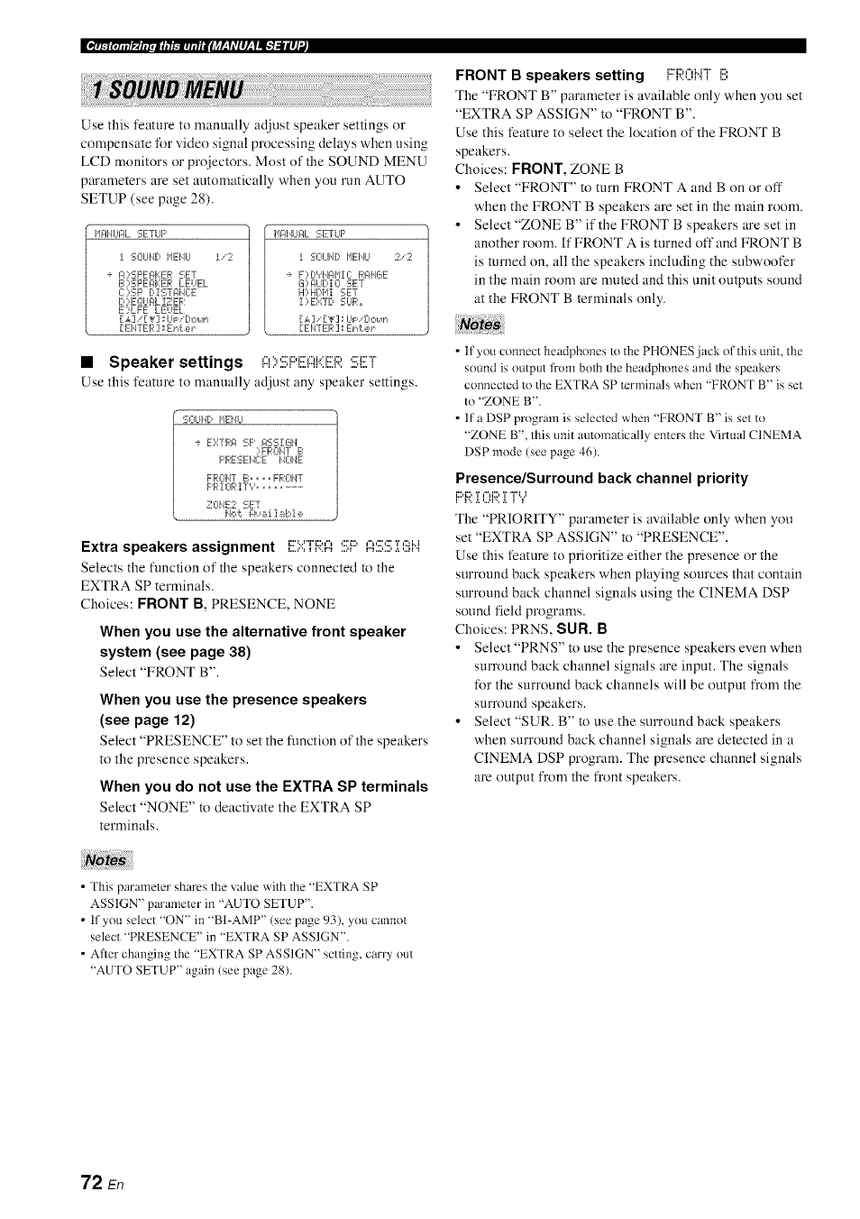 1 sound menu, When you do not use the extra sp terminals, Front b speakers setting fdfo! fi ei | Notes, Presence/surround back channel priority | Yamaha HTR-6080 User Manual | Page 76 / 125