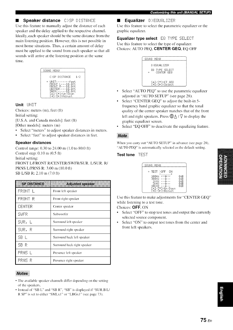 Speaker distance c)sfm)istfihci:e, Speaker distances, Note | Test tone "he:ei t, Notes | Yamaha HTR-6080 User Manual | Page 79 / 125