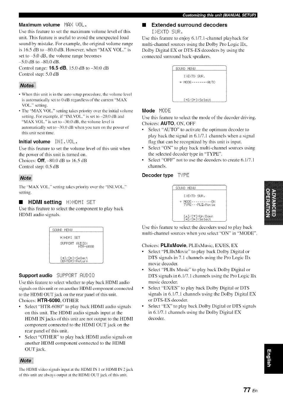 Maximum volume hmh uol, Notes, Note | Hdmi setting set, Extended surround decoders, Decoder type ! vp!e | Yamaha HTR-6080 User Manual | Page 81 / 125