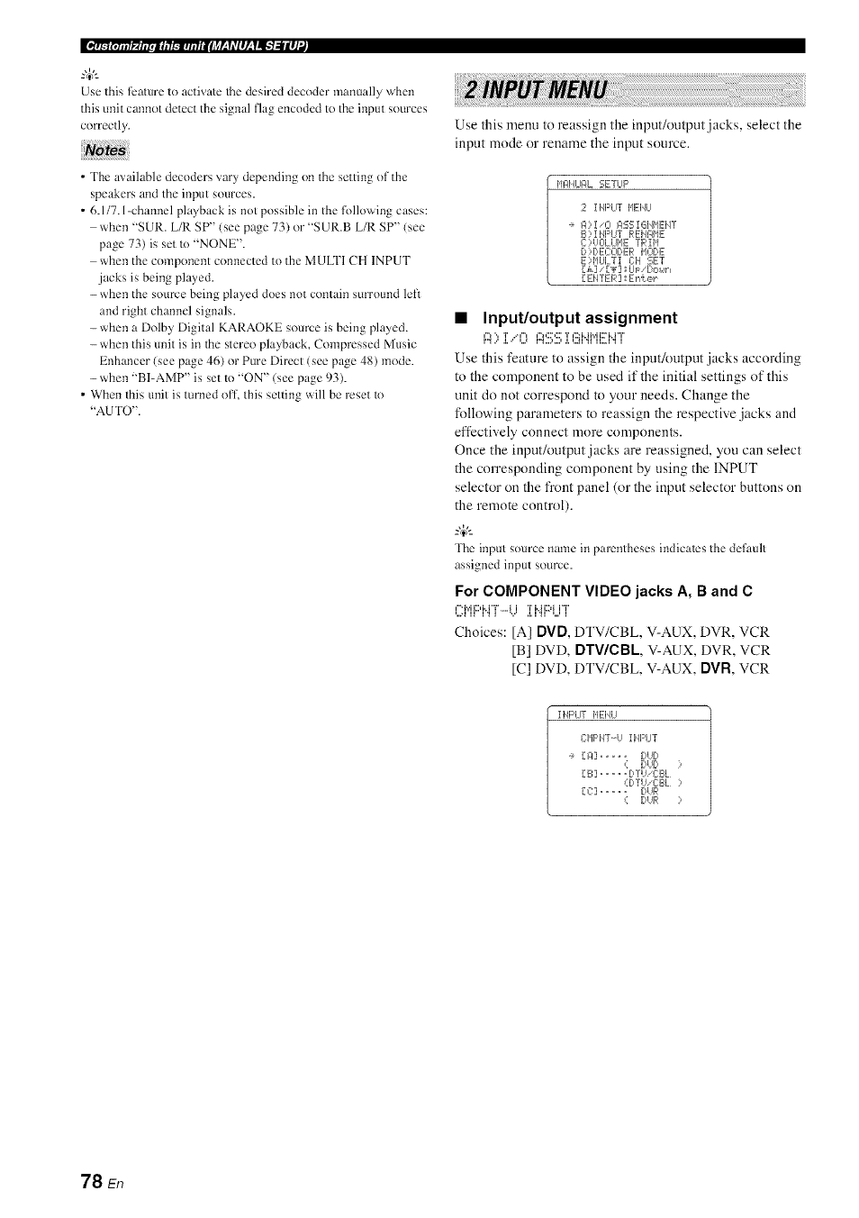 Notes, 2 input menu, Input/output assignment | For cowiponent video jacks a, b and c | Yamaha HTR-6080 User Manual | Page 82 / 125