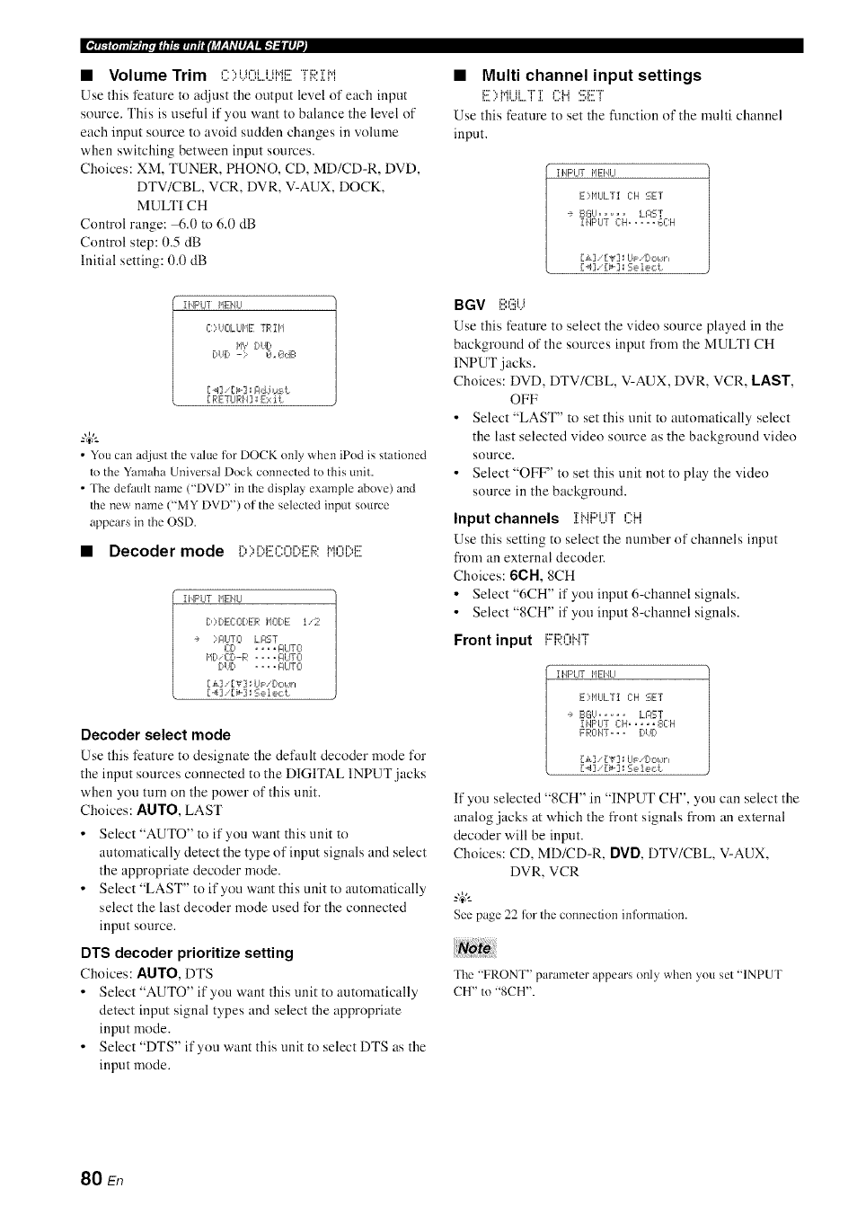 Decoder select mode, Dts decoder prioritize setting, Input channels input ch | Front input fdiiont, Note | Yamaha HTR-6080 User Manual | Page 84 / 125