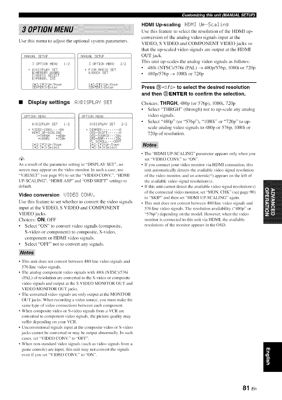 3 option menu, Notes | Yamaha HTR-6080 User Manual | Page 85 / 125