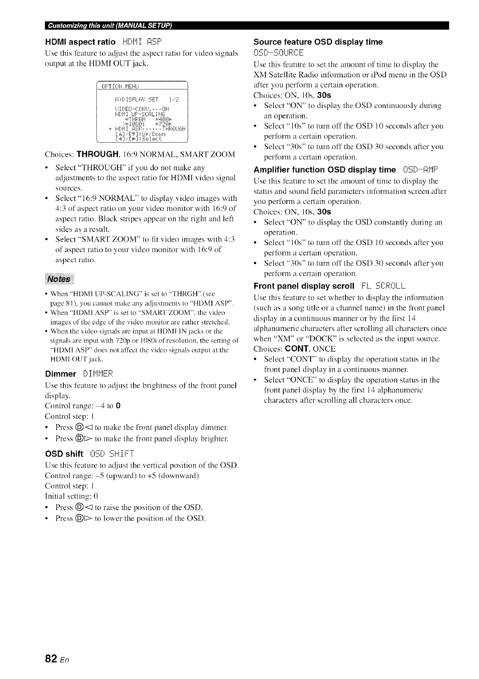 Hdmi aspect ratio, Notes, Source feature osd display time | Front panel display scroll fd.. iillfiol | Yamaha HTR-6080 User Manual | Page 86 / 125