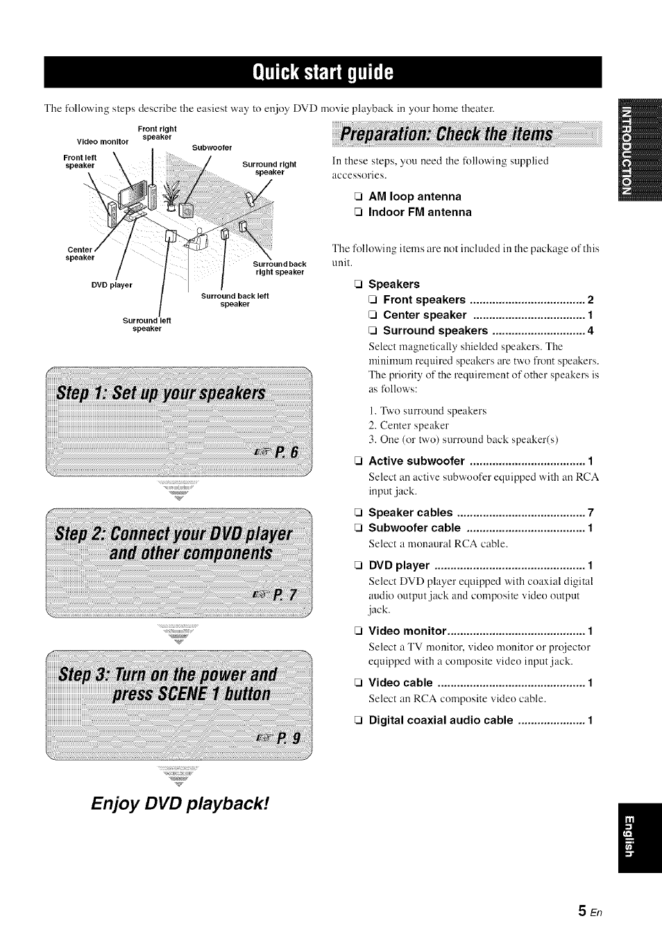 Quick start guide, Step 1: set up your speakers, Step 3: turn on the power and press scene 1 button | Preparation: check the items, Enjoy dvd playback | Yamaha HTR-6080 User Manual | Page 9 / 125