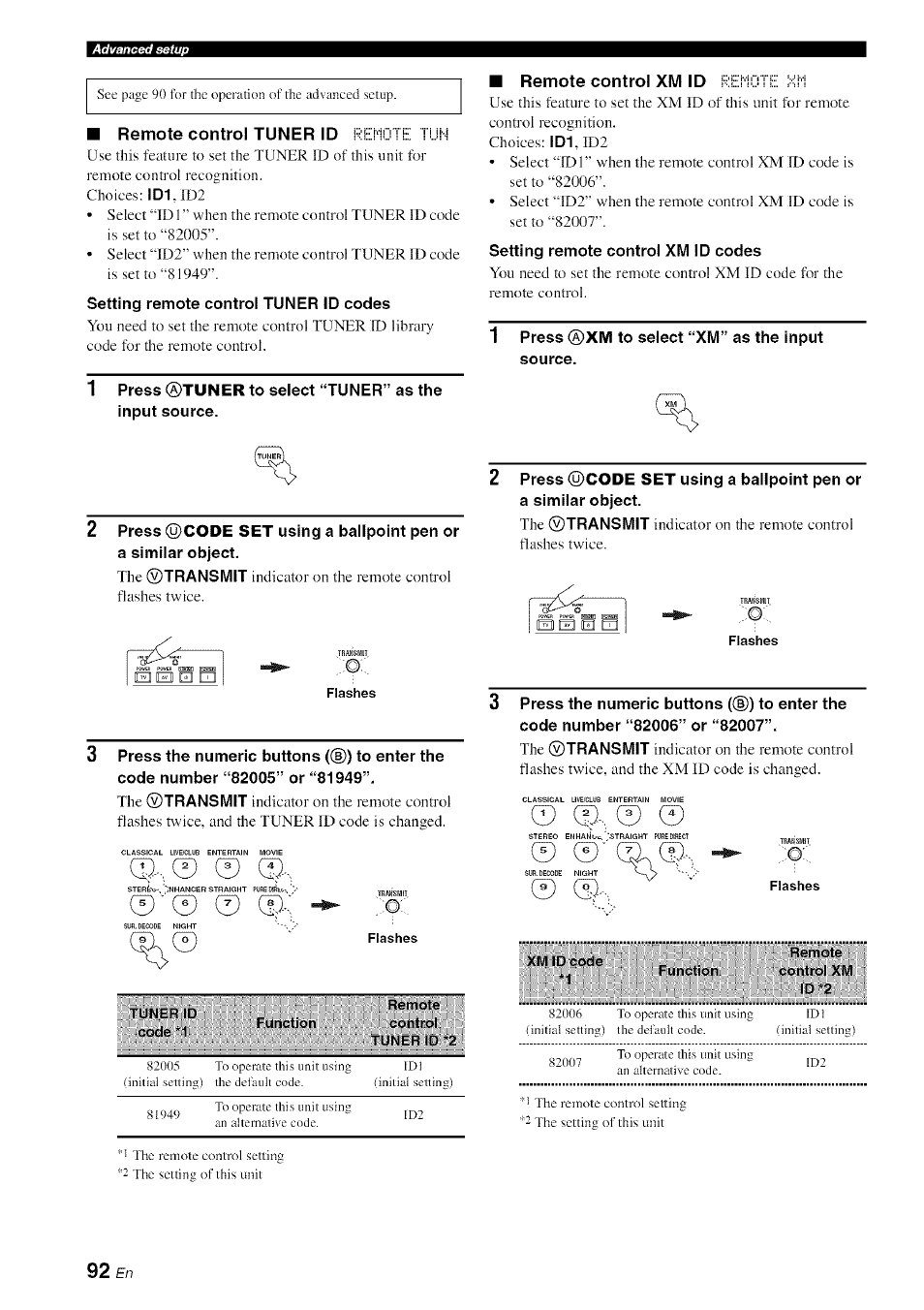 Remote control tuner id filejiotei: tun, Remote control xm id ¡ieilote ; ;i1 | Yamaha HTR-6080 User Manual | Page 96 / 125