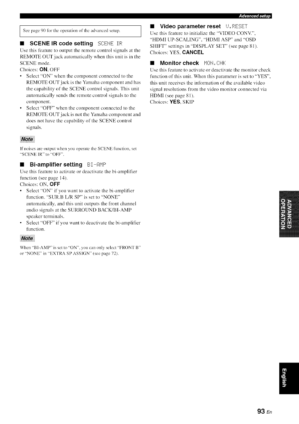 Scene ir code setting scehei: ir, Video parameter reset u.re sett, Monitor check iltjhjjiik | Note, Bl-amplifier setting bi fiiie | Yamaha HTR-6080 User Manual | Page 97 / 125