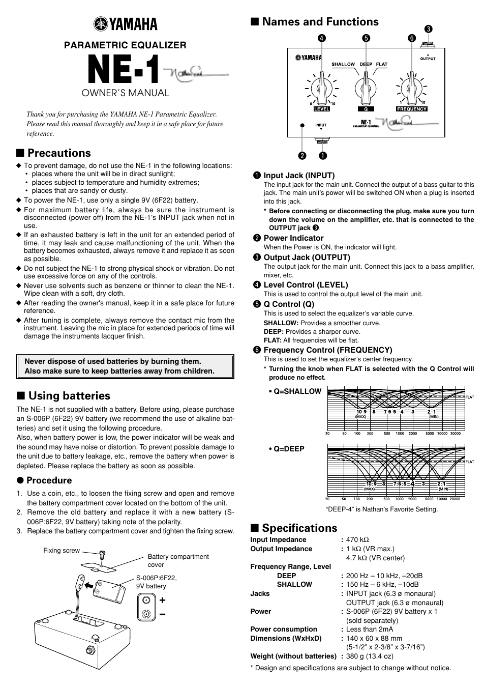 Yamaha Parametric Equalizer NE-1 User Manual | 1 page