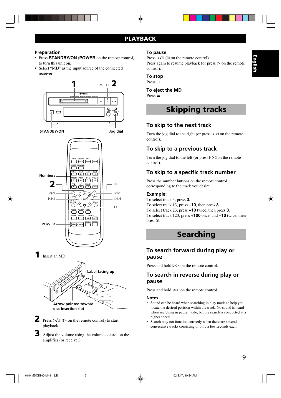 Playback, Skipping tracks, Searching | Englishenglish, Example, Preparation | Yamaha MDX-E300 User Manual | Page 11 / 28