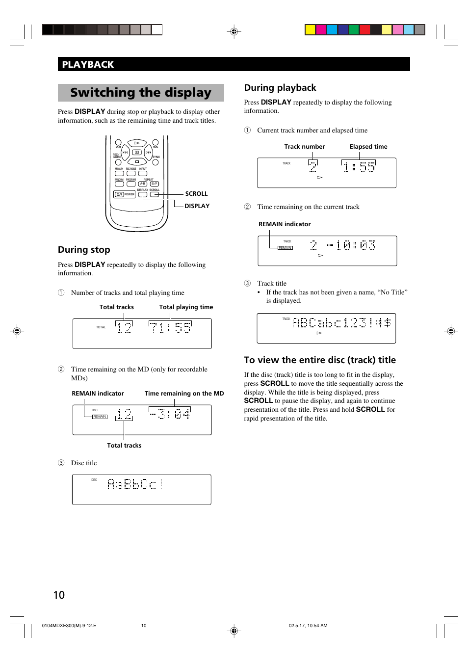 Switching the display, During stop, During playback | Playback, Scroll display | Yamaha MDX-E300 User Manual | Page 12 / 28
