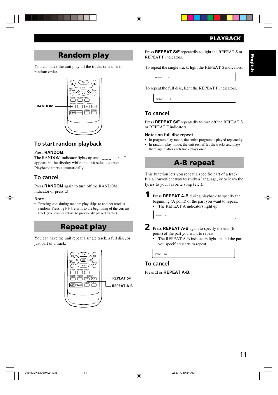 Random play, Repeat play, A-b repeat | Playback, Englishenglish, Press & or repeat a-b, Repeat s/f repeat a-b random | Yamaha MDX-E300 User Manual | Page 13 / 28