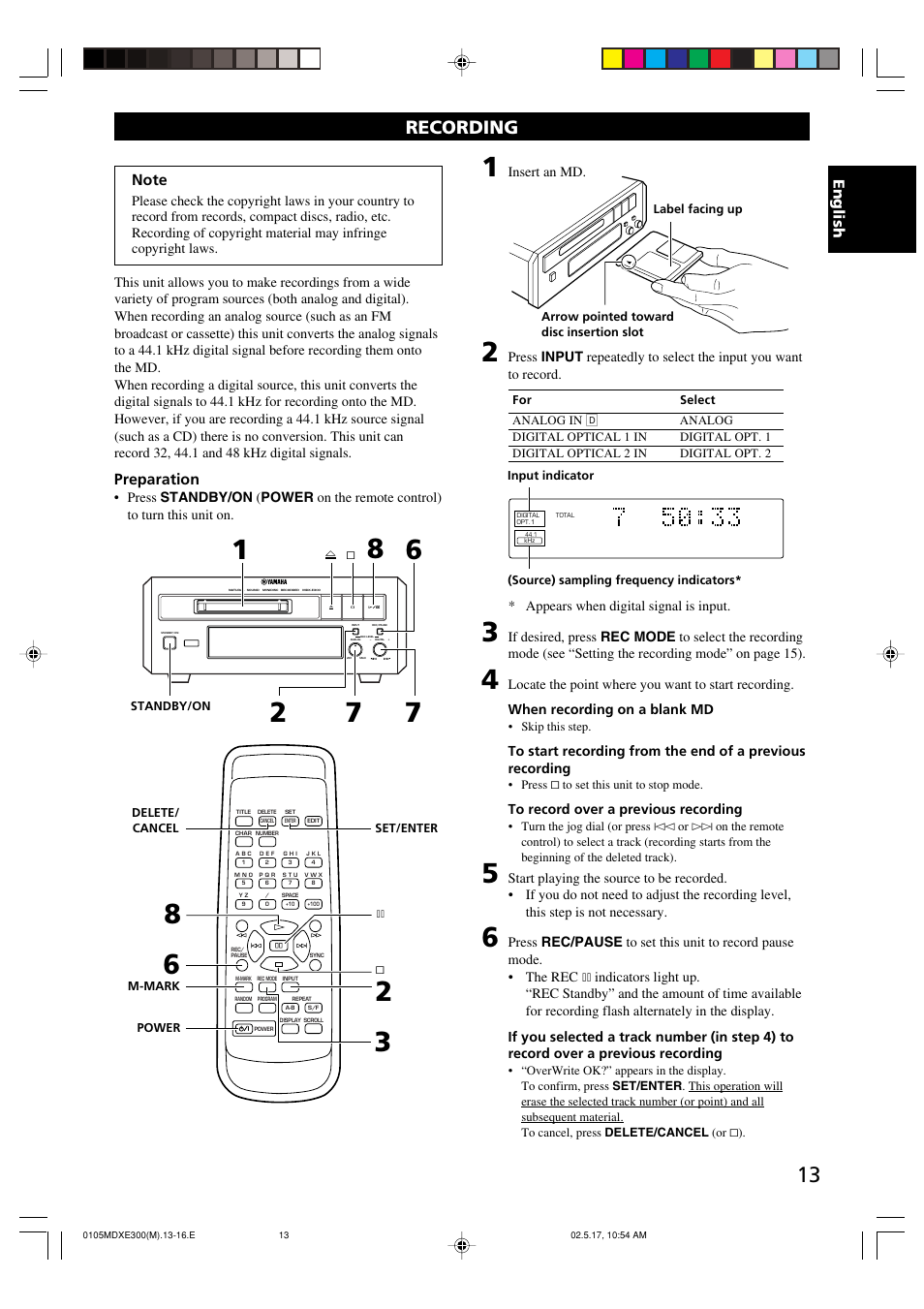 Recording, Englishenglish, Preparation | Insert an md, Appears when digital signal is input | Yamaha MDX-E300 User Manual | Page 15 / 28
