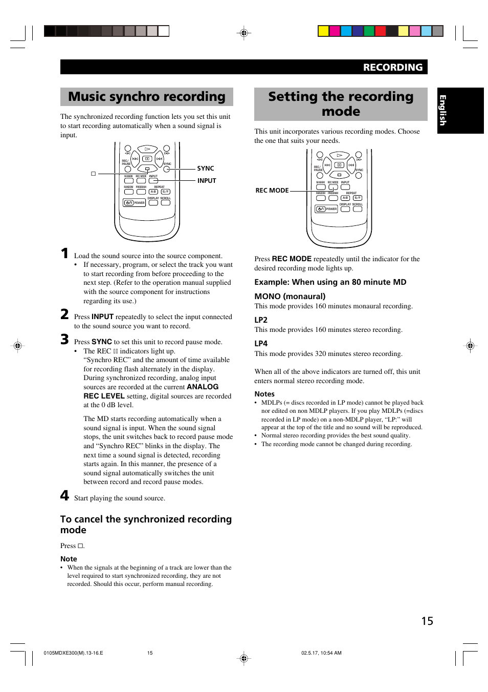 Music synchro recording, Setting the recording mode, Recording | Englishenglish | Yamaha MDX-E300 User Manual | Page 17 / 28