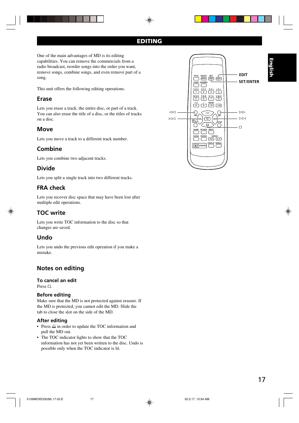 Editing, Erase, Move | Combine, Divide, Fra check, Toc write, Undo, Englishenglish, Before editing | Yamaha MDX-E300 User Manual | Page 19 / 28