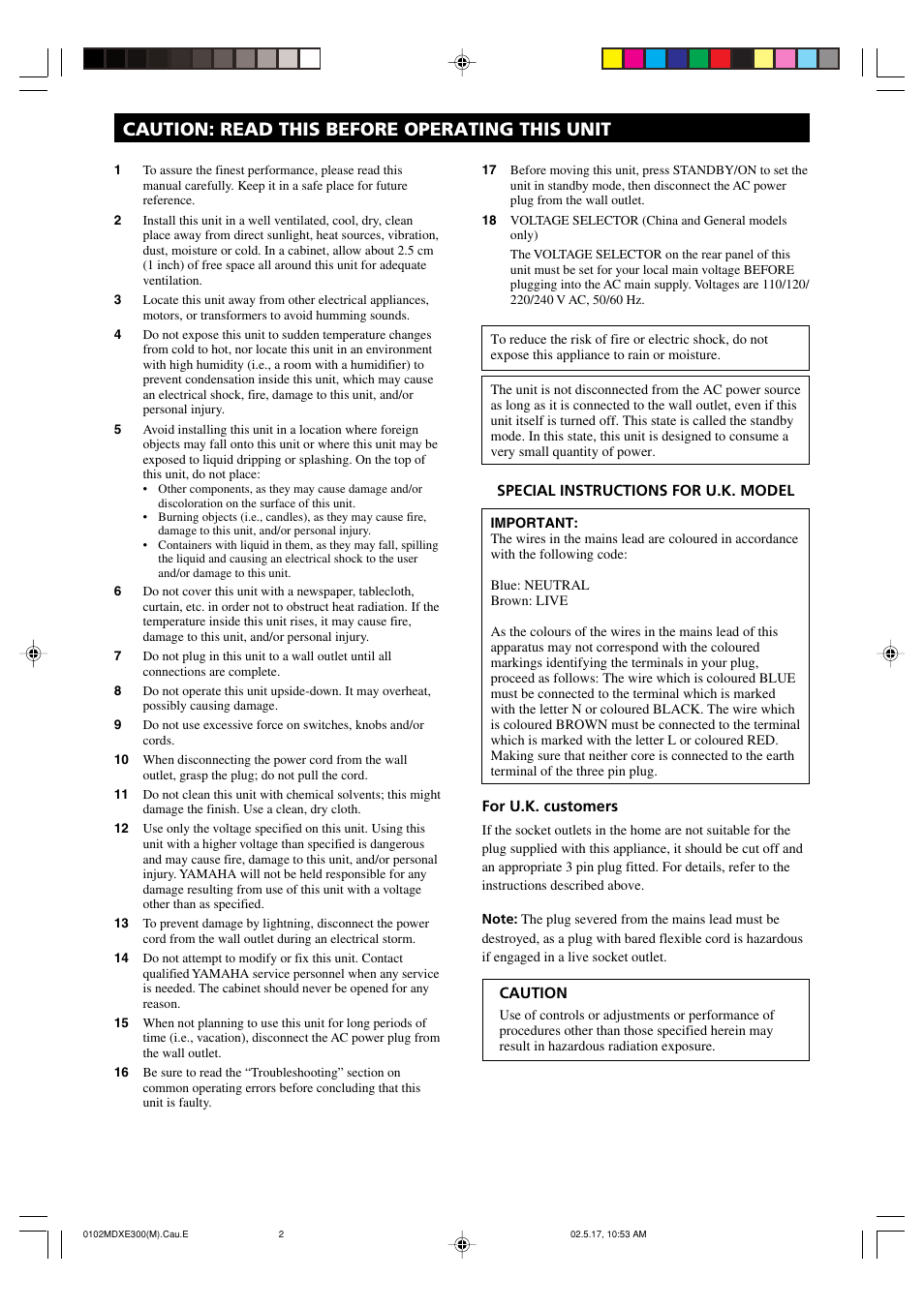 Caution: read this before operating this unit | Yamaha MDX-E300 User Manual | Page 2 / 28