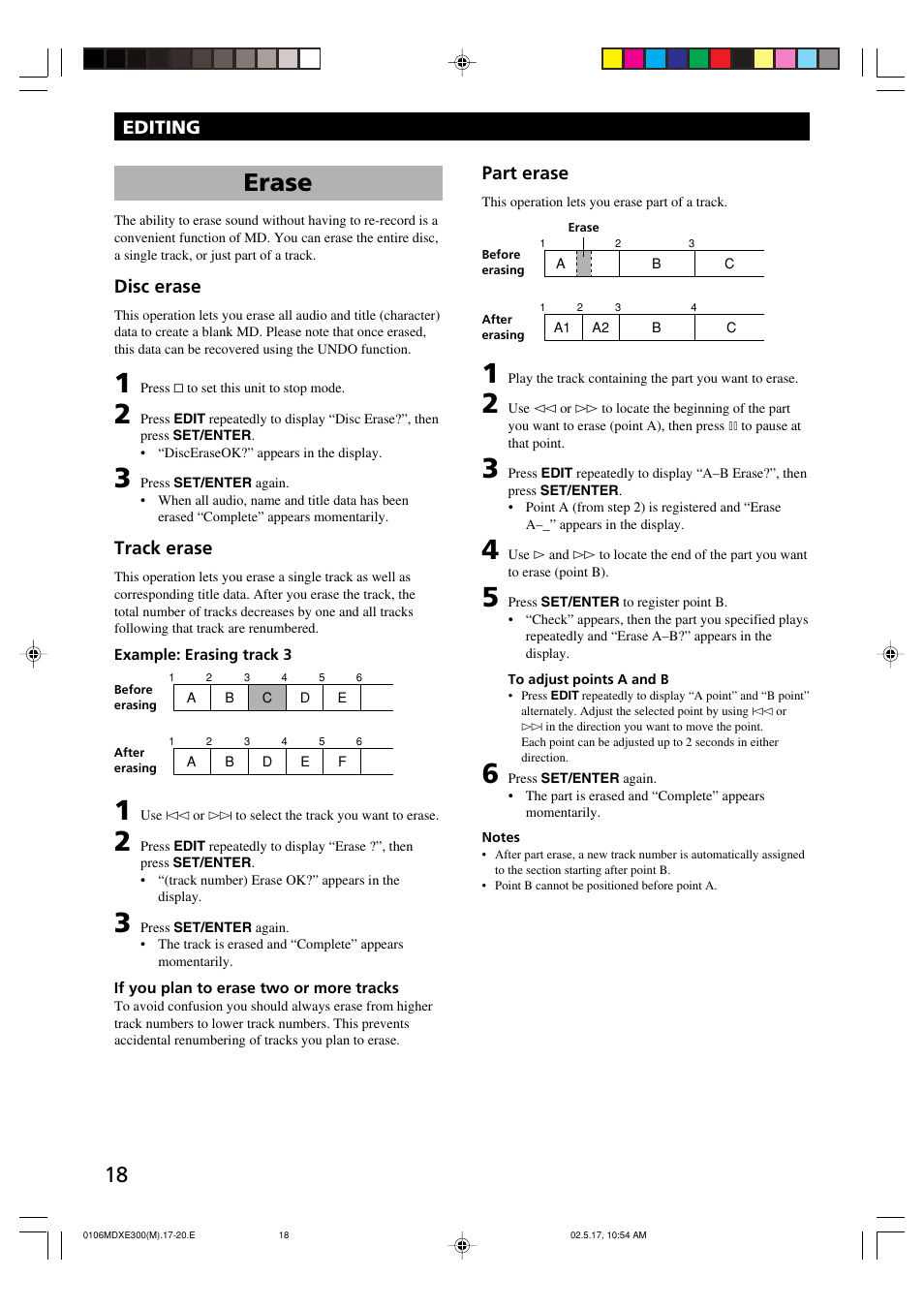 Erase, Editing, Disc erase | Track erase, Part erase | Yamaha MDX-E300 User Manual | Page 20 / 28