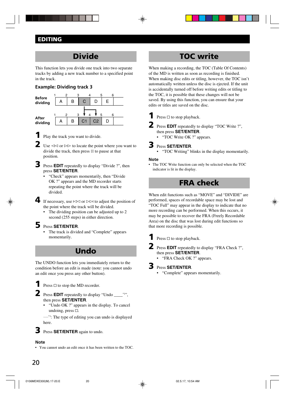 Divide, Undo, Toc write | Fra check | Yamaha MDX-E300 User Manual | Page 22 / 28