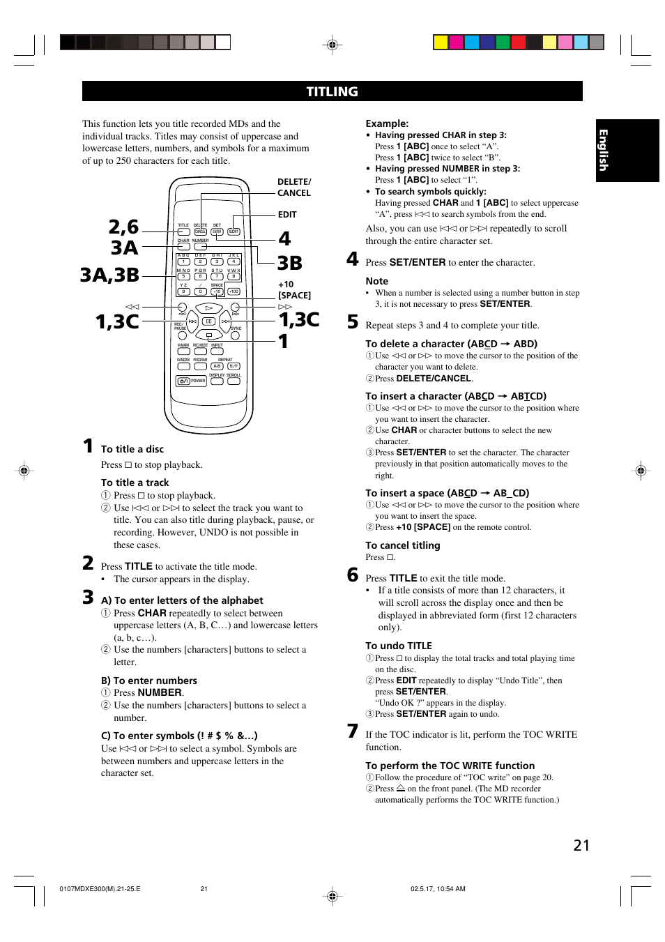 Titling, Englishenglish | Yamaha MDX-E300 User Manual | Page 23 / 28