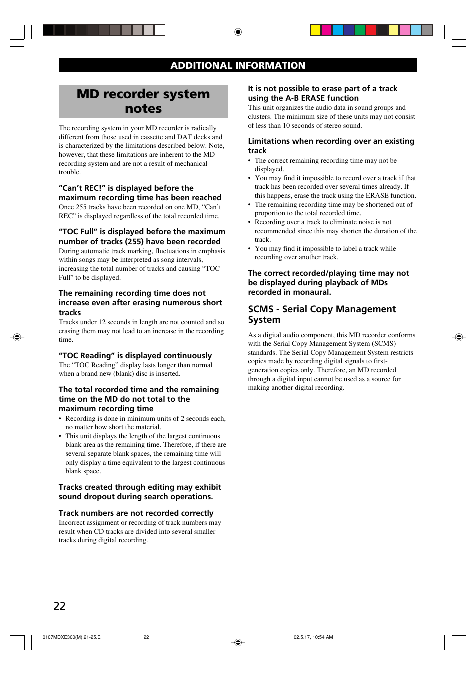 Additional information, Md recorder system notes, Scms - serial copy management system | Yamaha MDX-E300 User Manual | Page 24 / 28