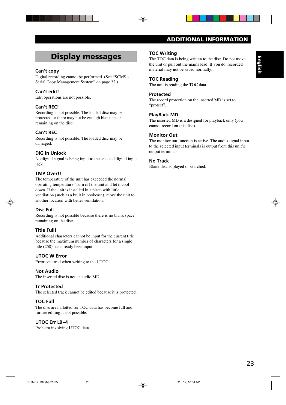 Display messages, Additional information | Yamaha MDX-E300 User Manual | Page 25 / 28