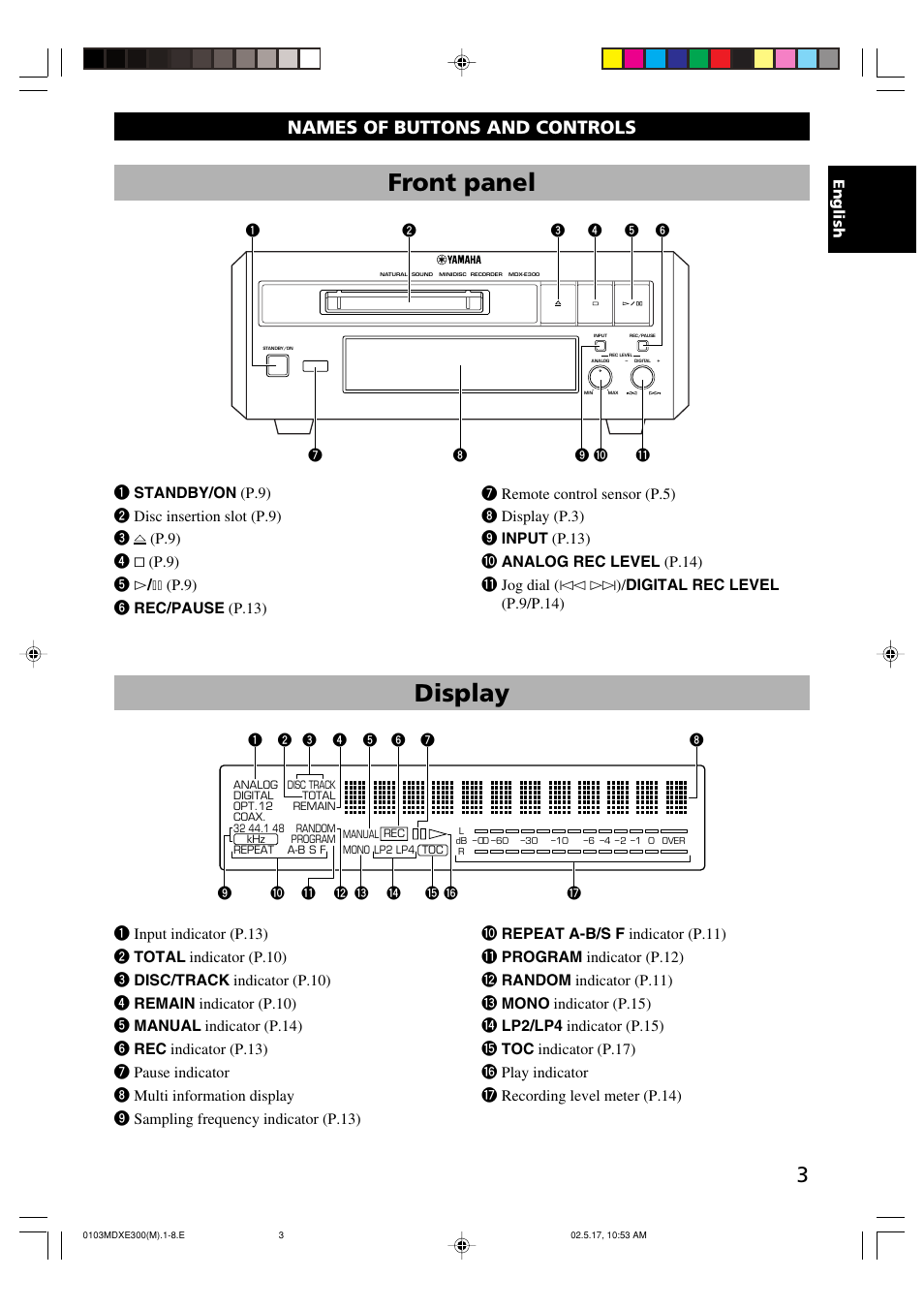 Names of buttons and controls, Front panel, Display | English | Yamaha MDX-E300 User Manual | Page 5 / 28