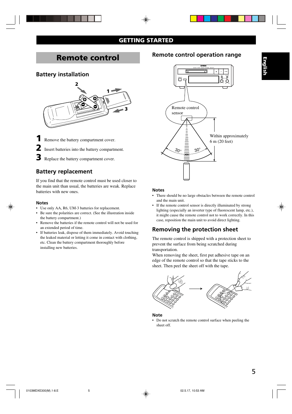 Getting started, Remote control, Battery installation | Battery replacement, Remote control operation range, Removing the protection sheet, English, Remove the battery compartment cover, Insert batteries into the battery compartment, Replace the battery compartment cover | Yamaha MDX-E300 User Manual | Page 7 / 28