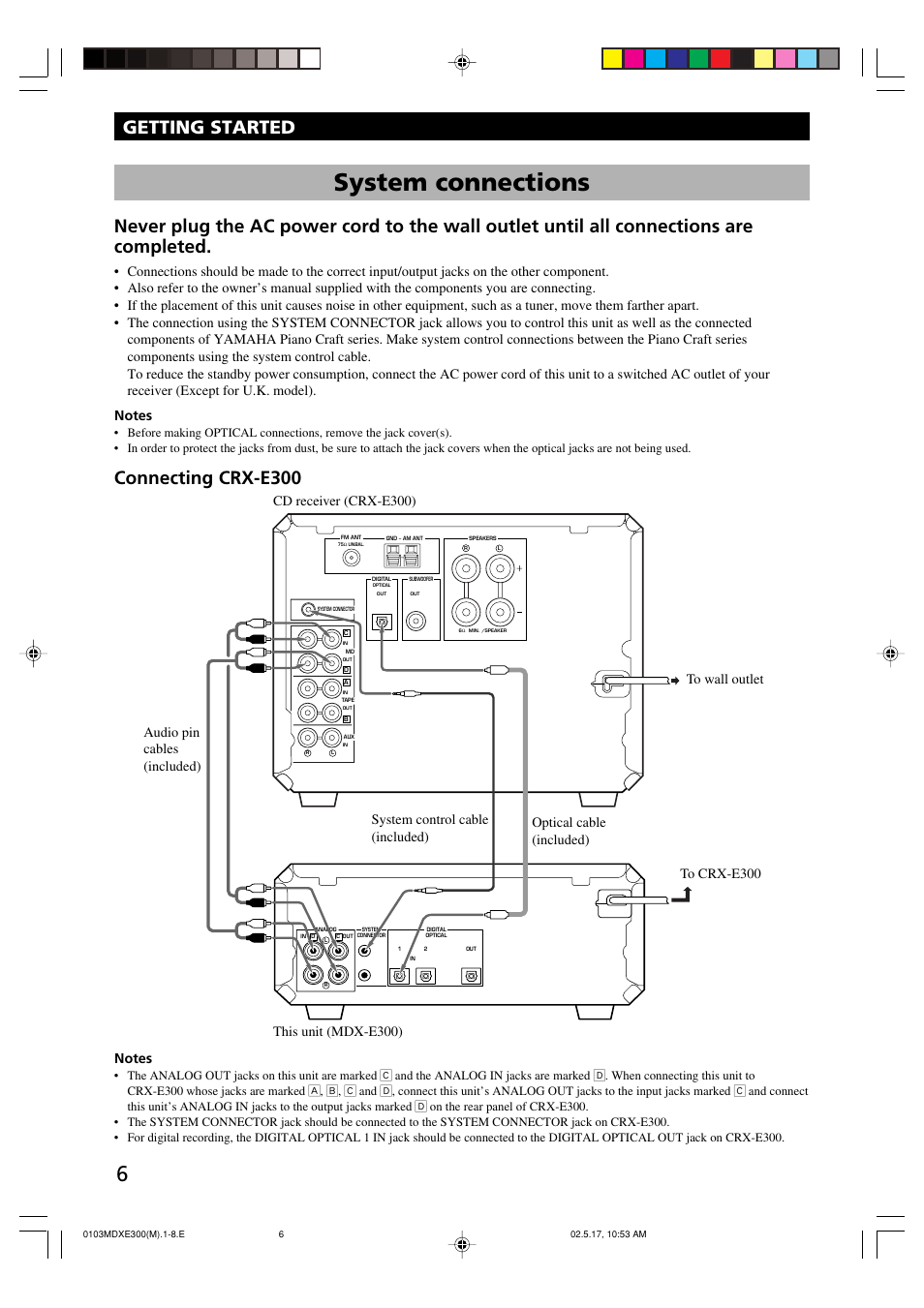 System connections, Connecting crx-e300 getting started | Yamaha MDX-E300 User Manual | Page 8 / 28