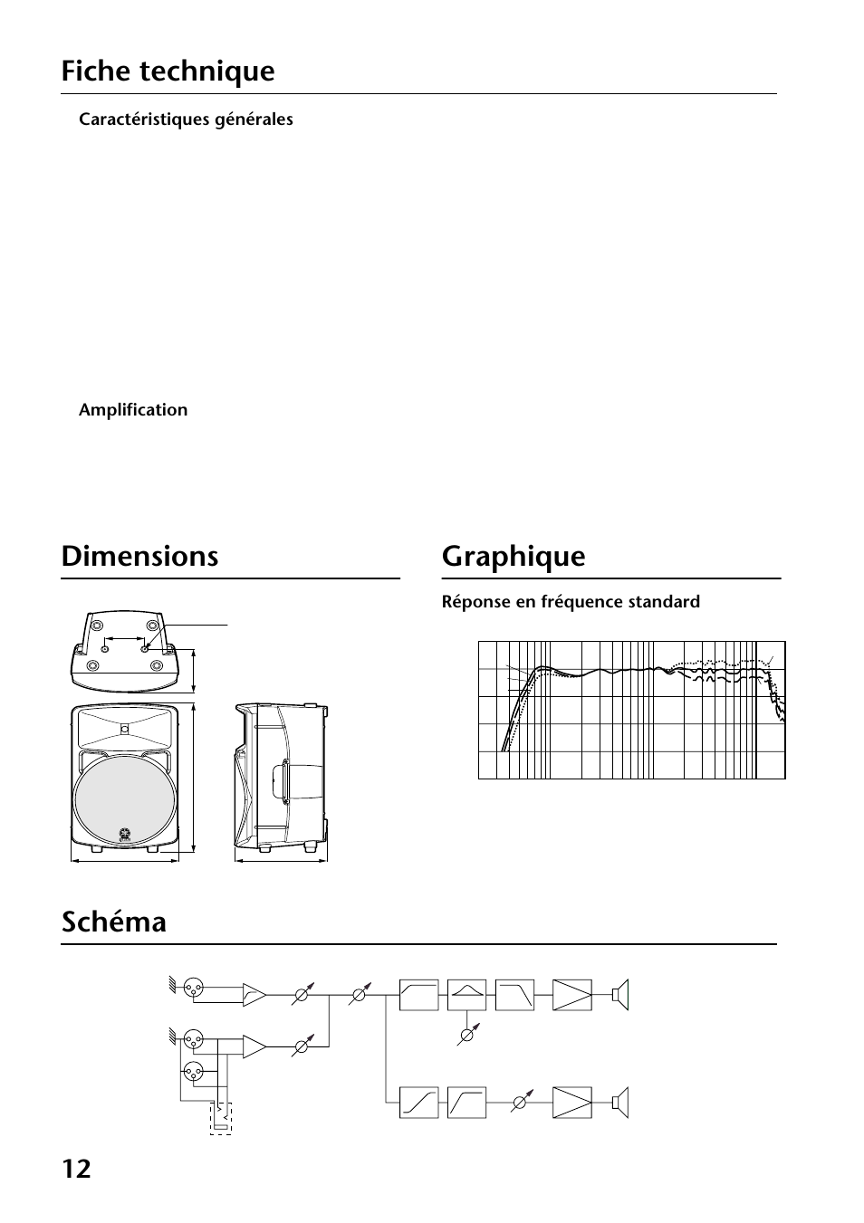 Fiche technique, Caractéristiques générales, Amplification | Dimensions, Graphique, Schéma, Dimensions graphique, Réponse en fréquence standard | Yamaha MS300 User Manual | Page 12 / 26