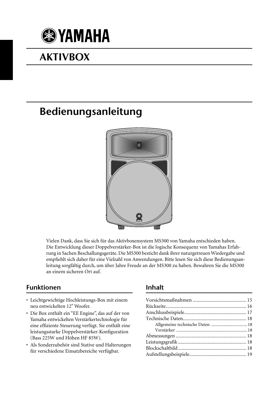 Deutsch, Funktionen, Inhalt | Ms300, Aktivbox, Bedienungsanleitung | Yamaha MS300 User Manual | Page 14 / 26