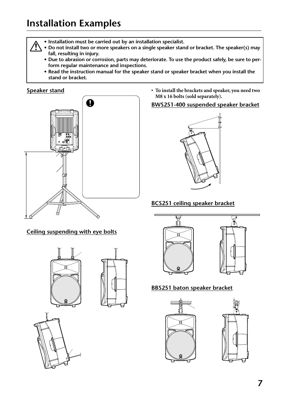 Installation examples, Speaker stand ceiling suspending with eye bolts | Yamaha MS300 User Manual | Page 7 / 26