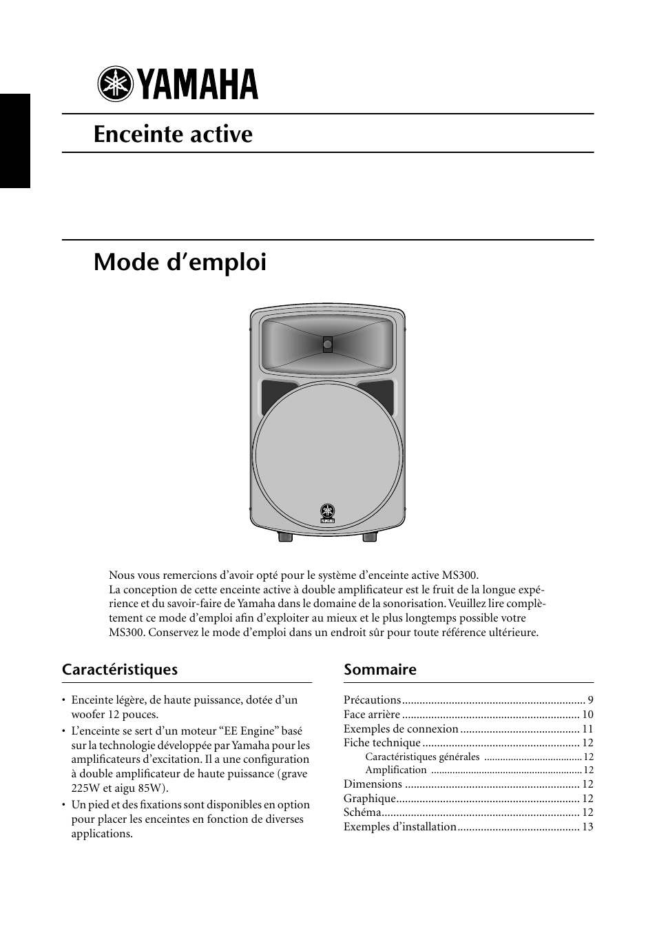 Français, Caractéristiques, Sommaire | Ms300, Enceinte active, Mode d’emploi | Yamaha MS300 User Manual | Page 8 / 26