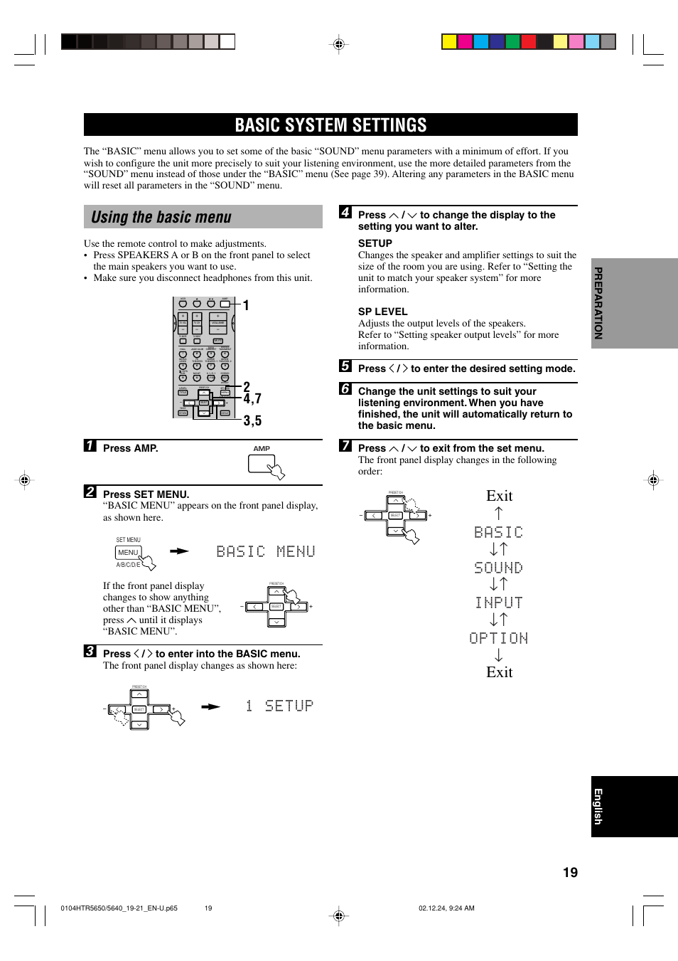 Basic system settings, Using the basic menu, Exit | Basic menu, 1setup, Basic ↓↑ sound ↓↑ input ↓↑ option, English, Prep ara tion, Press amp, Press j / i to enter the desired setting mode | Yamaha HTR 5650 User Manual | Page 23 / 66