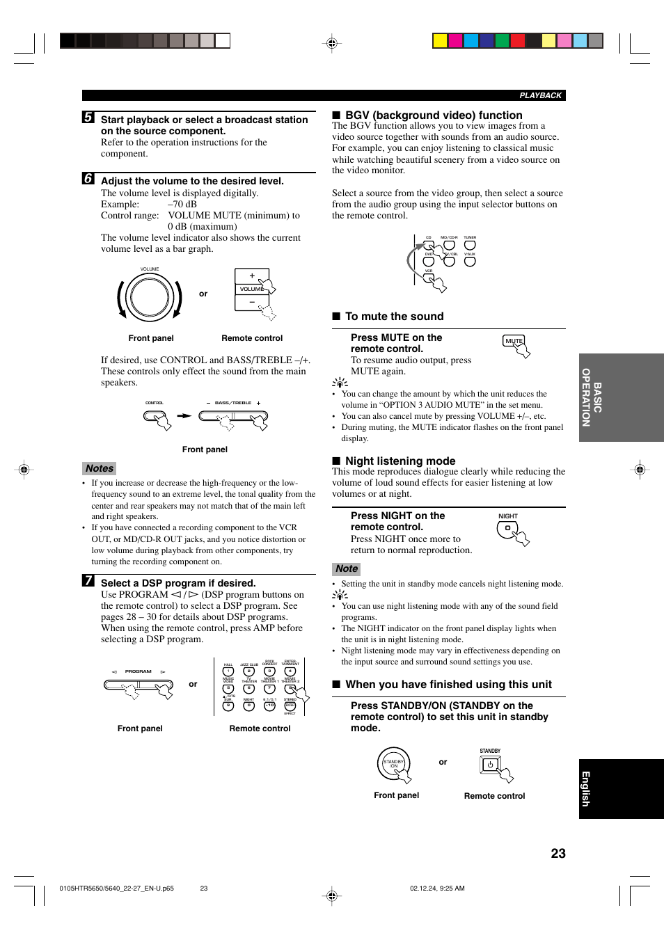 Bgv (background video) function, Night listening mode, When you have finished using this unit | English, Basic opera tion | Yamaha HTR 5650 User Manual | Page 27 / 66