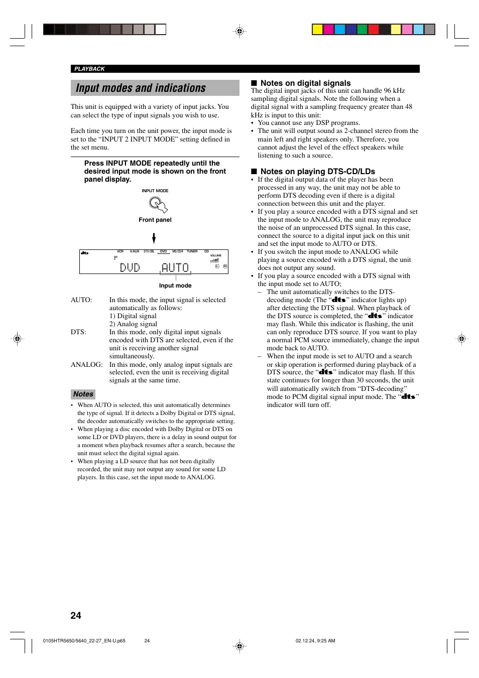 Input modes and indications, Dvd auto | Yamaha HTR 5650 User Manual | Page 28 / 66