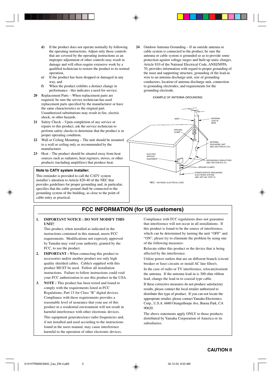 Fcc information (for us customers), Caution ii | Yamaha HTR 5650 User Manual | Page 3 / 66