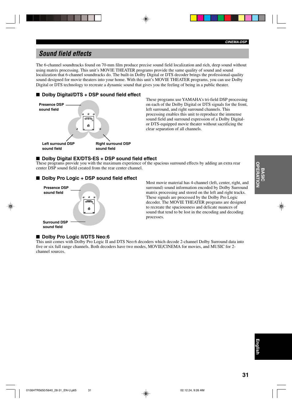 Sound field effects | Yamaha HTR 5650 User Manual | Page 35 / 66