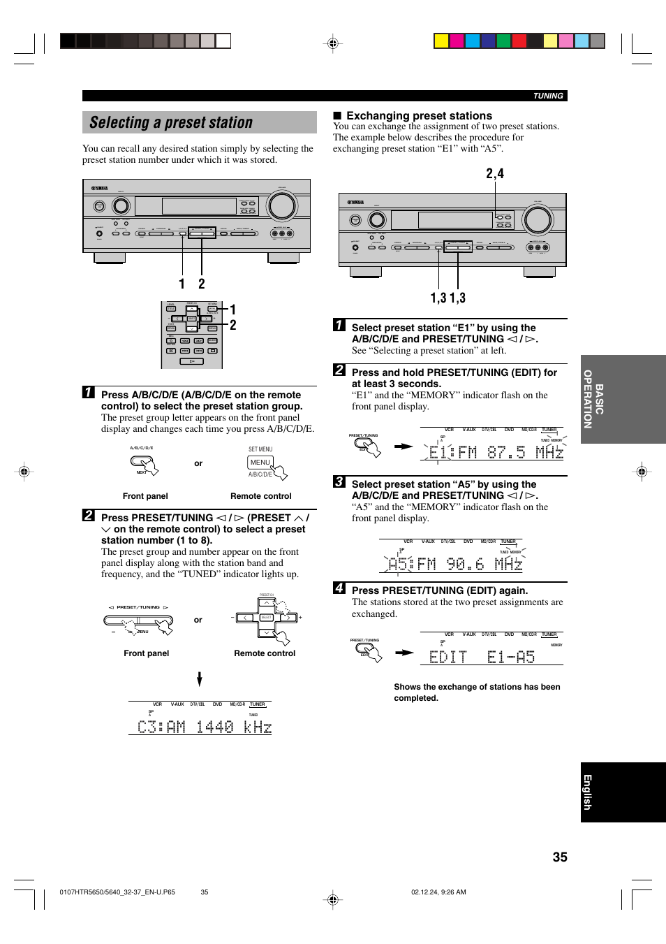 Selecting a preset station, E1: fm 87.5 mhz, A5: fm 90.6 mhz | Edit e1-a5, Exchanging preset stations | Yamaha HTR 5650 User Manual | Page 39 / 66
