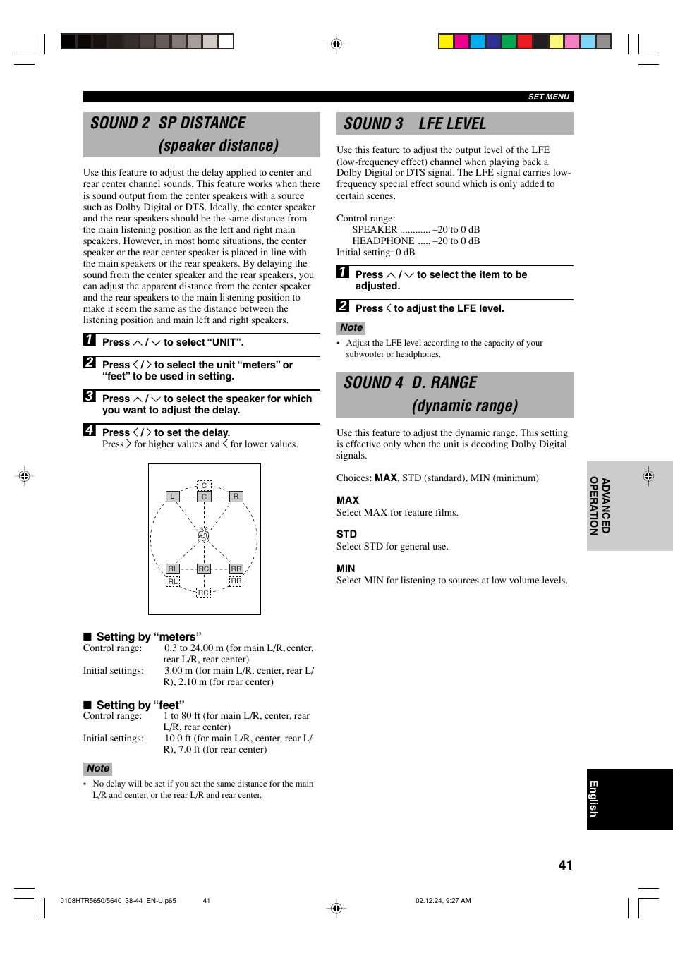 Sound 2 sp distance, Sound 3 lfe level, Sound 4 d. range | Sound 2 sp distance (speaker distance), Sound 4 d. range (dynamic range) | Yamaha HTR 5650 User Manual | Page 45 / 66