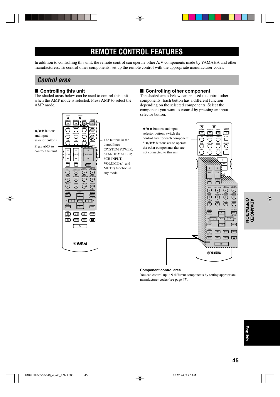 Remote control features, Control area, Controlling this unit | Controlling other component, English ad v anced opera tion | Yamaha HTR 5650 User Manual | Page 49 / 66