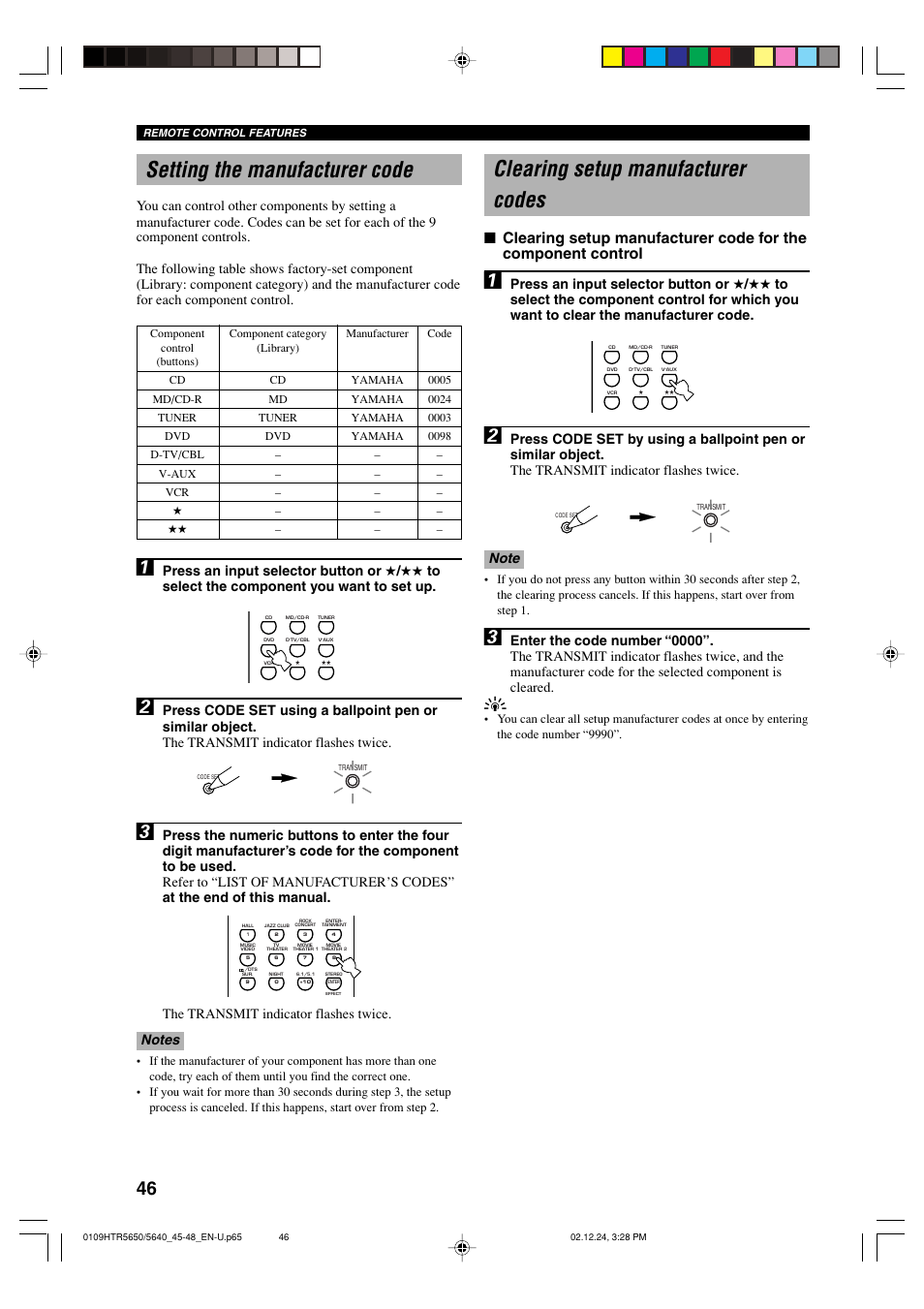 Setting the manufacturer code, Clearing setup manufacturer codes | Yamaha HTR 5650 User Manual | Page 50 / 66