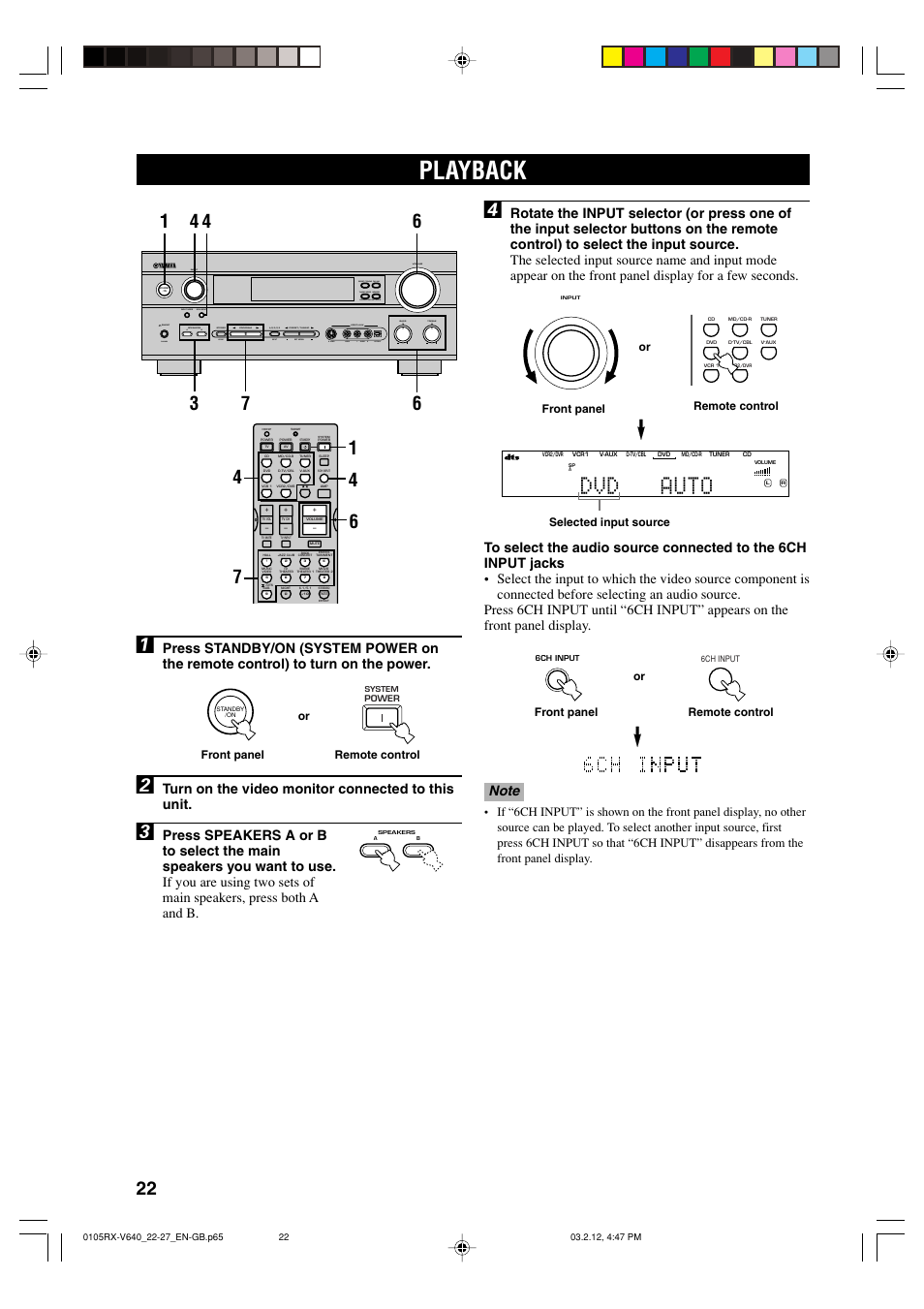 Basic operation, Playback, Dvd auto | Turn on the video monitor connected to this unit | Yamaha RX-V640RDS  EN User Manual | Page 24 / 67